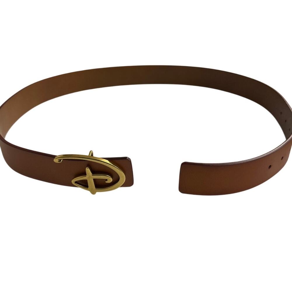 Disney D Logo Belt Brown Faux Leather Gold Buckle Adjustable 33-39